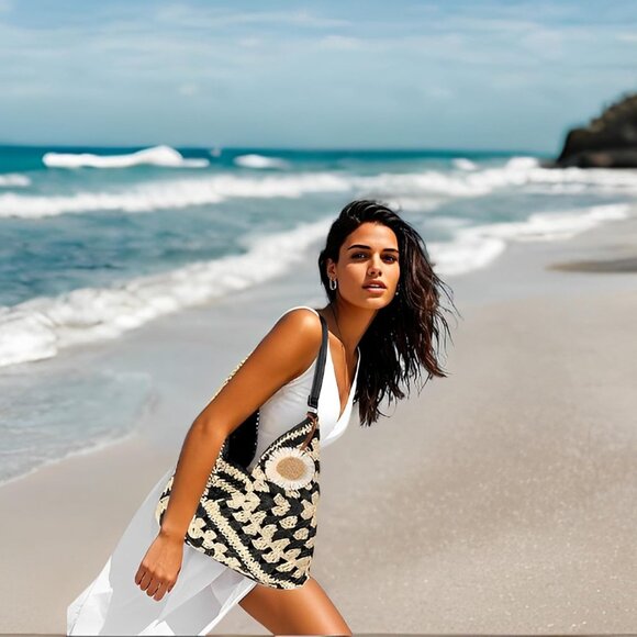 Women's Black Straw Beach Bag Vintage Hobo Shoulder Tote - Summer Bag for Travel - Picture 5 of 5